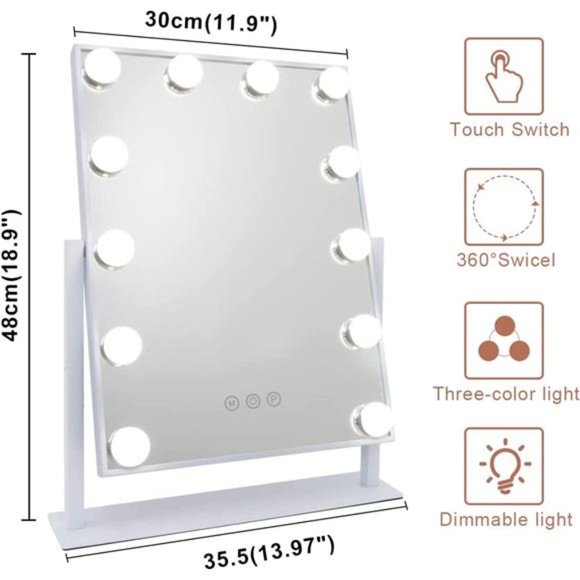 Vanity Mirror with Lights Makeup Mirror with Lights 12 Dimmable Bulbs Hollywood - Picture 3 of 5